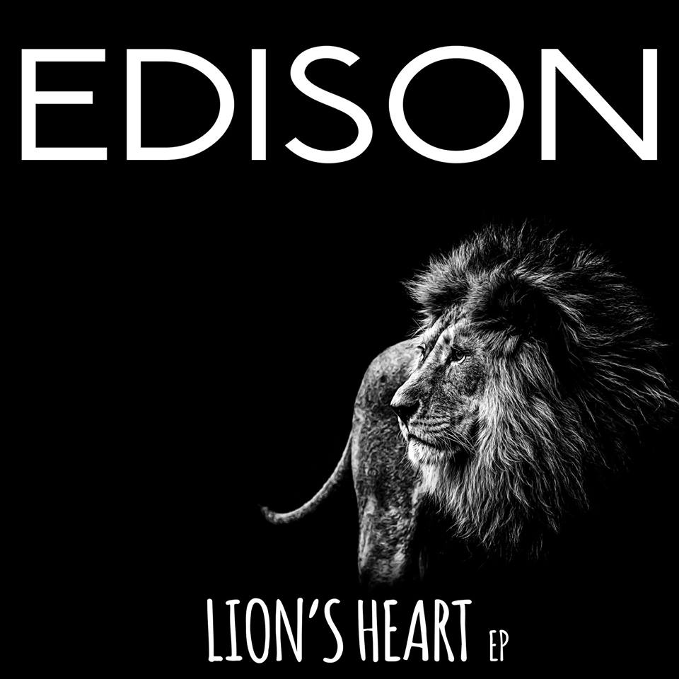 Black background with a black and white lion's image and text that reads "EDISON, LION'S HEART EP"