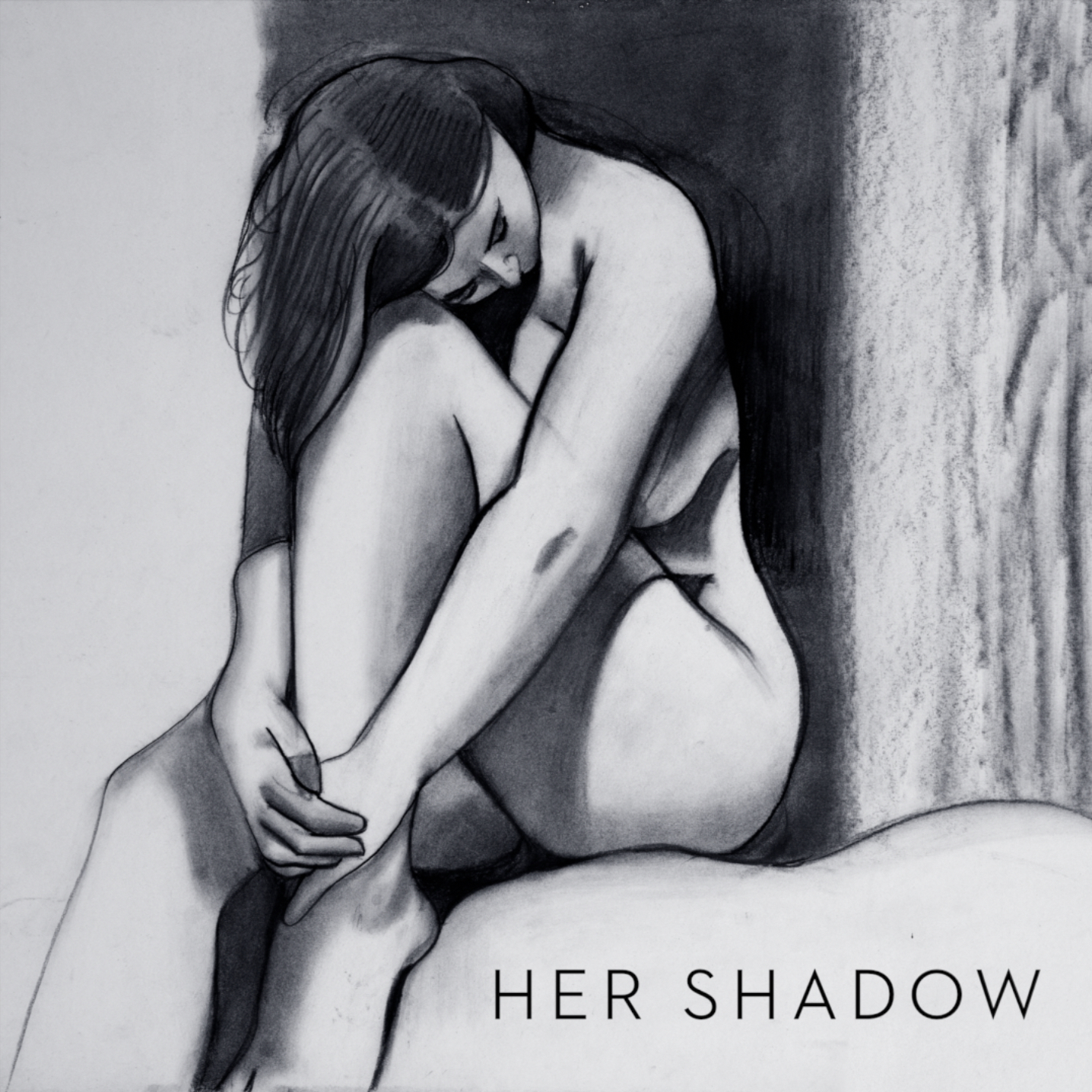 Greyscale illustration cover art for single, "Her Shadow," by Charles Van Kirk