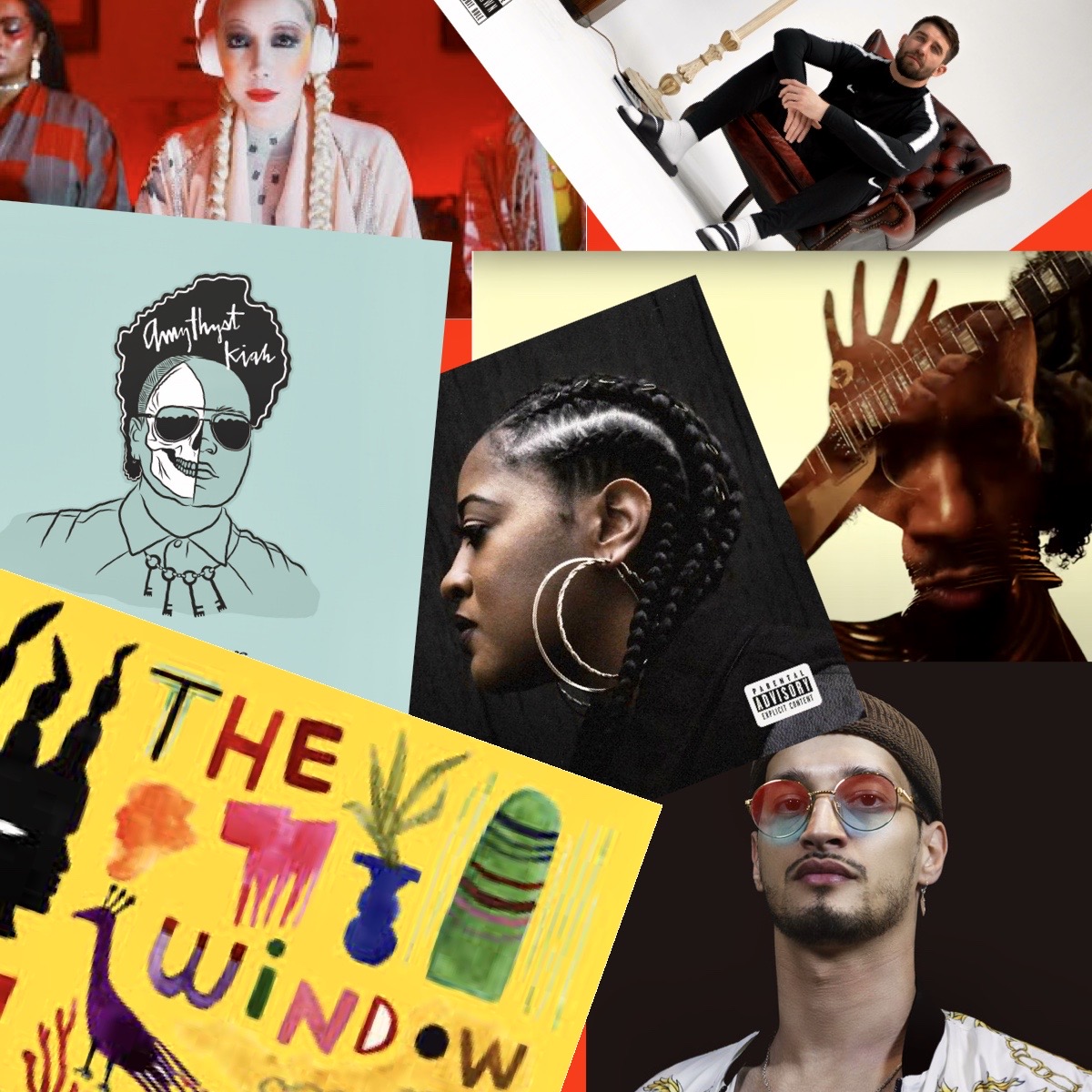 Various cover artworks and photos of albums and artists of color stylized like a collage