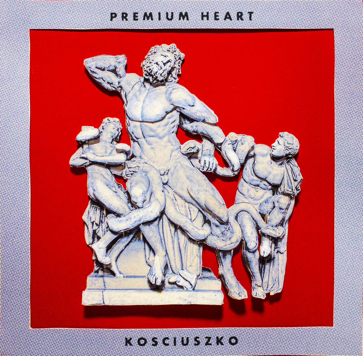 Cover art for Premium Heart's album, "Kosciuszko"; features super imposed image of the sculpture, "The Laocoon Group" over a solid bright red background