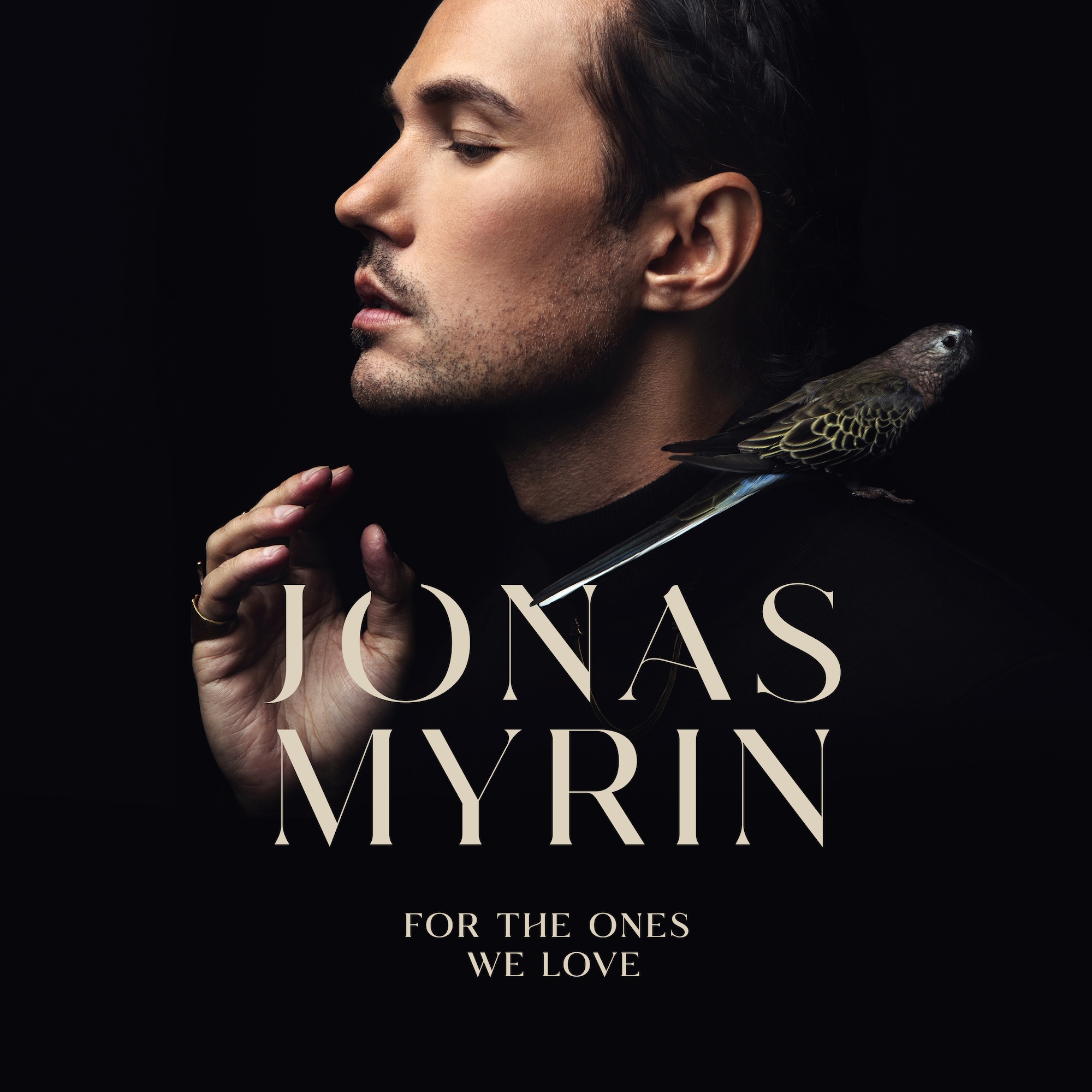 Cover art for Jonas Myrin single, "For the Ones We Love." Portrait of man against black background with gold text that reads "Jonas Myrin, For the Ones We Love"