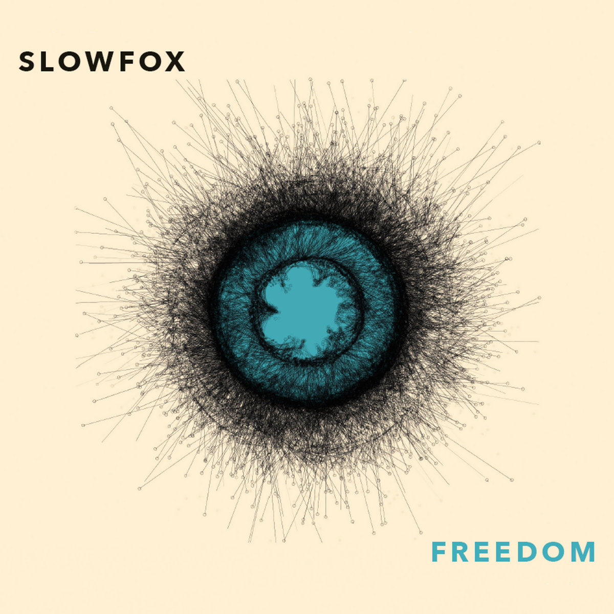 Abstract black and blue design against light beige background Text in corners reads "Slowfox," "Freedom"