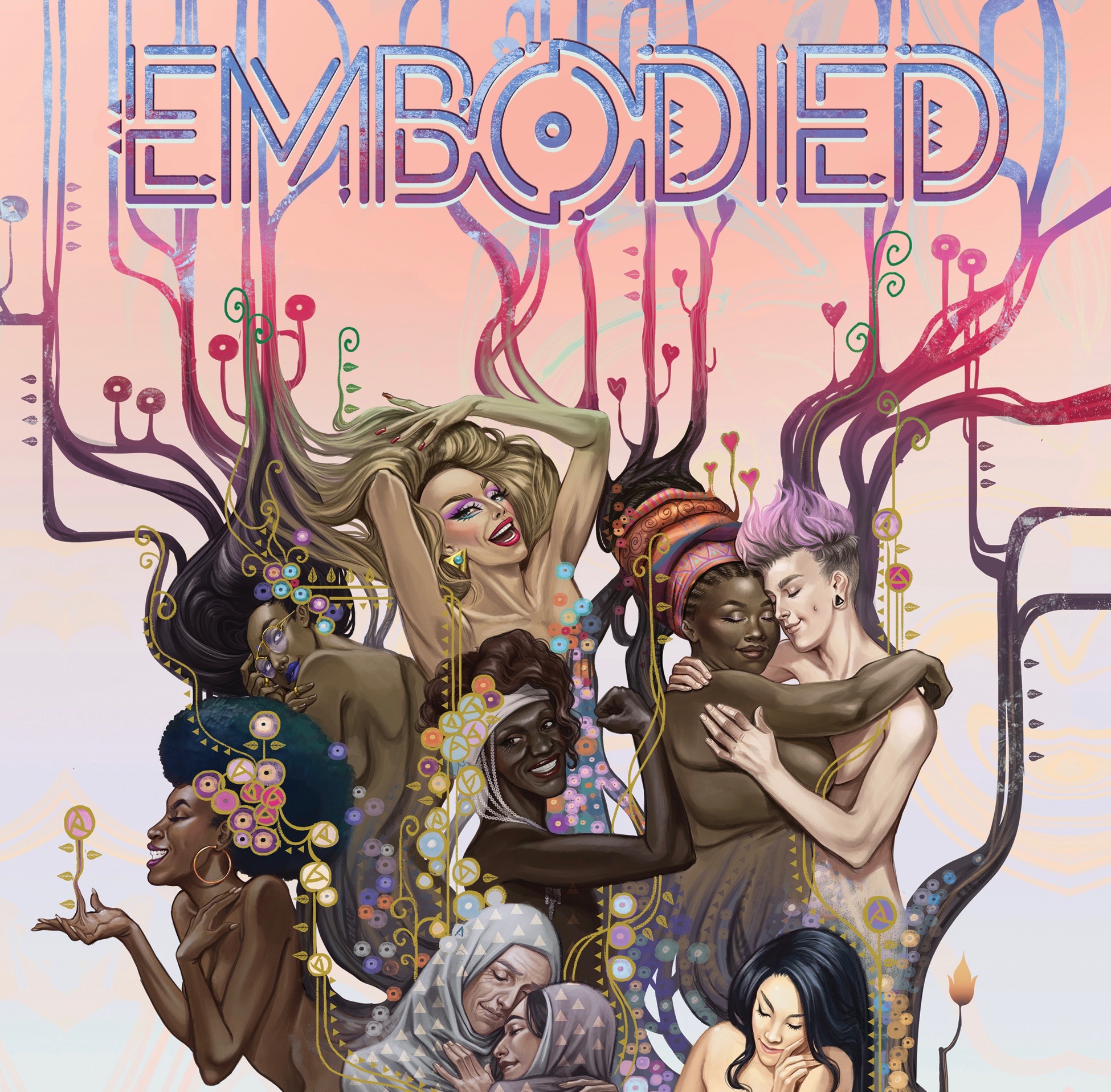 Illustration depicting multiple persons of different genders and skin tones – presumably female, femme-identifying, non-binary – in different poses, against a light pink background. Stylized text at the top reads "Embodied"