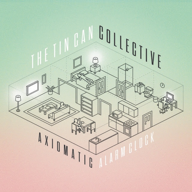 Cover art for Tin Can Collective Album, "Axiomatic Alarm Clock" Illustrated line design overlaid on a light green to rose pink solid color fade background