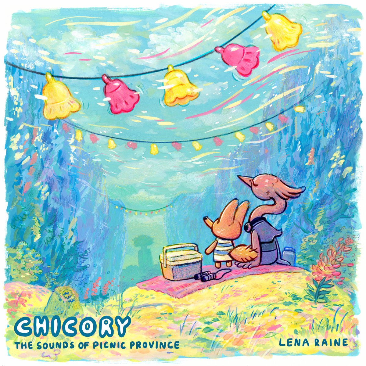 Illustrative, drawing style, colored artwork for the cover of "Chicory: The Sounds of Picnic Province"