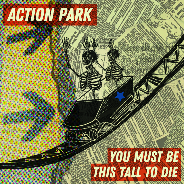 Abstract design depicting two skeletons riding in a rollercoaster car down a track. The background is an overlaid pattern of black typeface