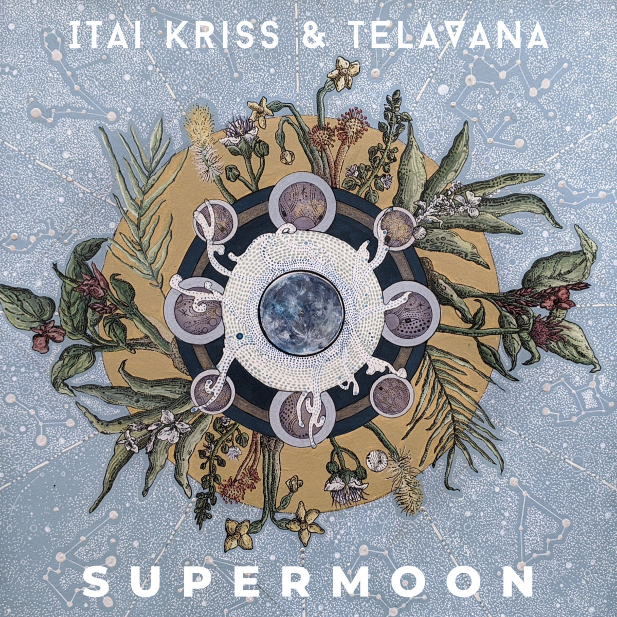 Light blue-grey background, depicting an ornate design with intertwined flowers, moons, and leaves. White text at the top and bottom reads, "Itai Kriss and Telavana; Supermood"