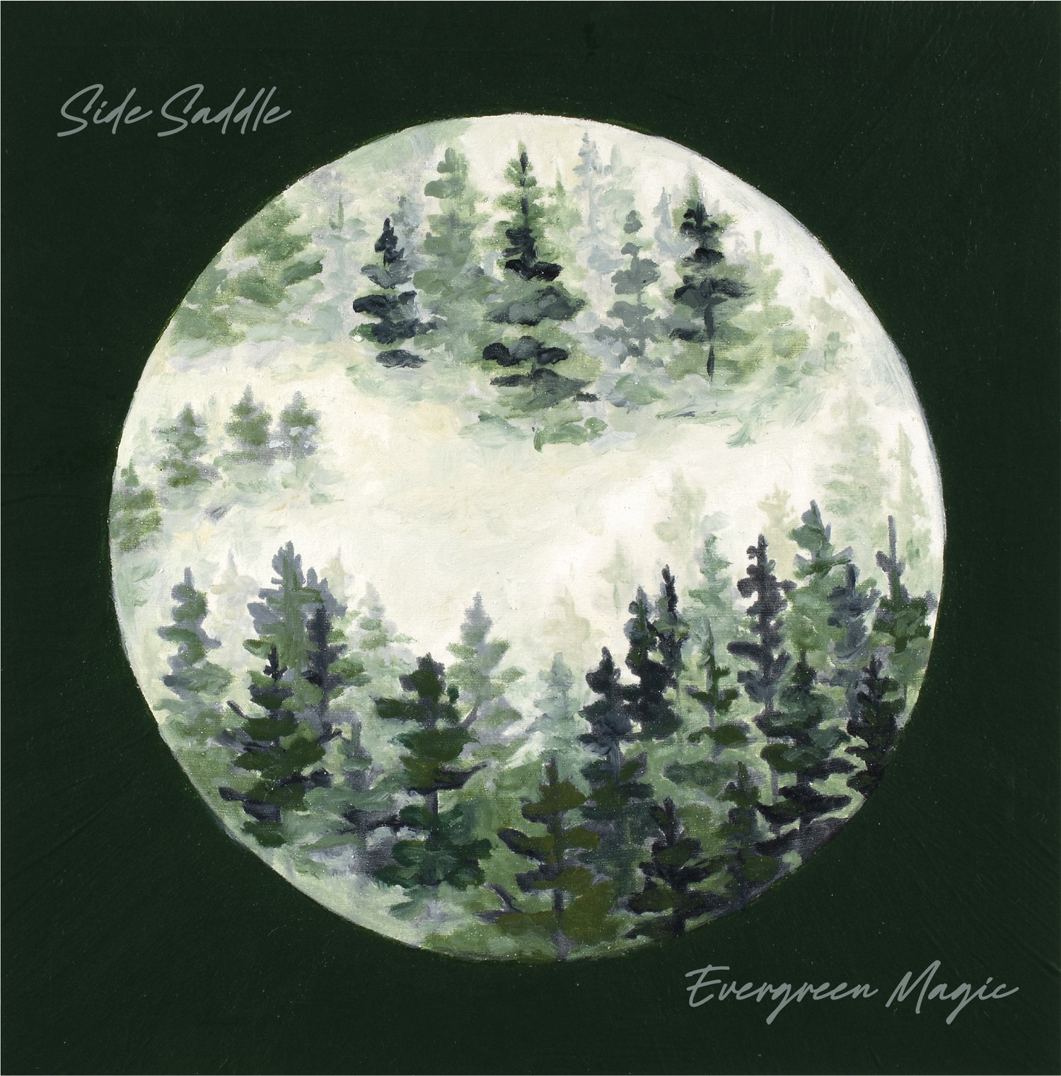 Illustrated image of a foggy evergreen forest within a circle. The area around the circle is solid black