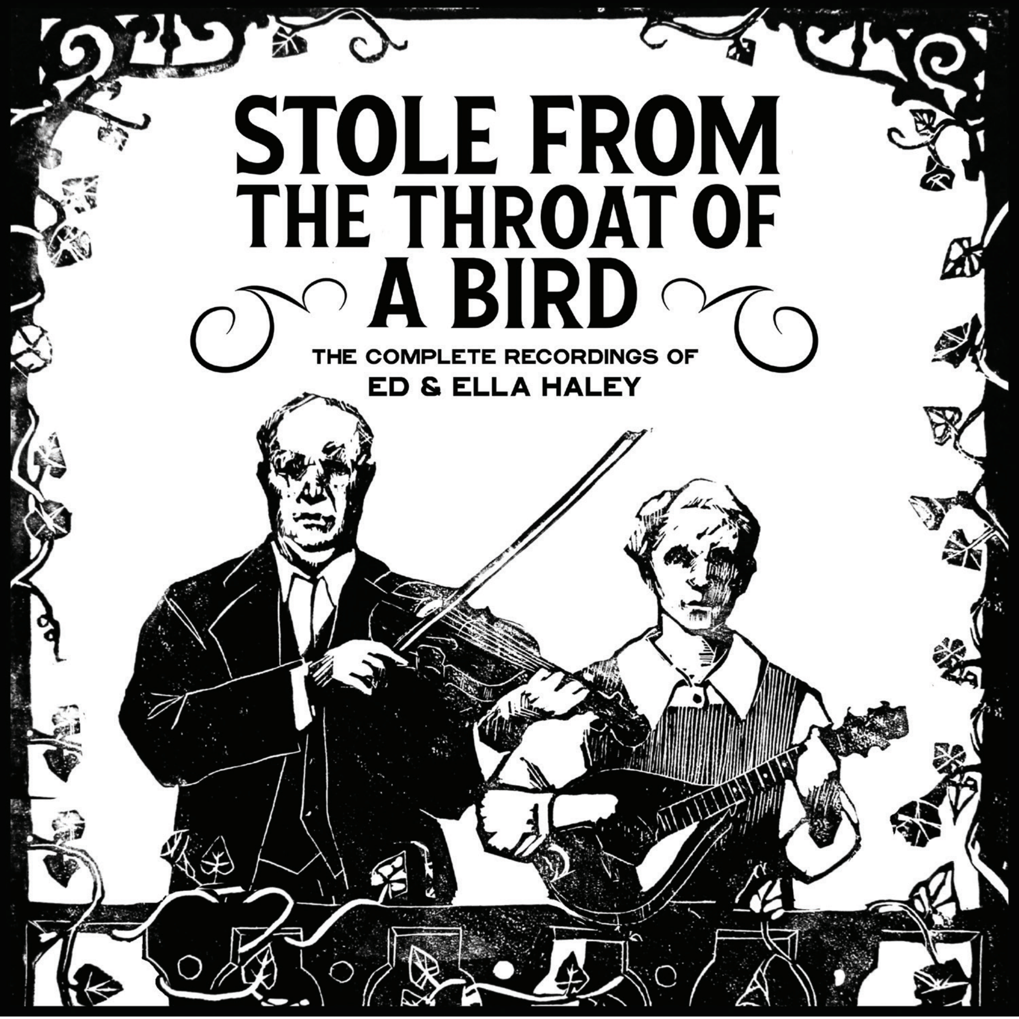 Black and white illustrative design of a man and a woman on a white background. Large black text above the two people reads, "Stole from the throat of a bird"