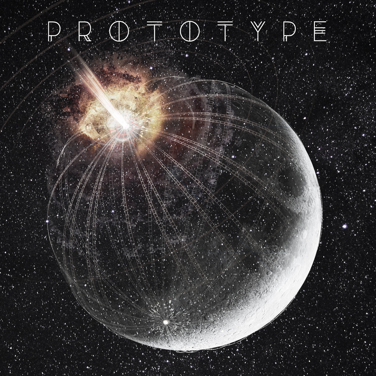 Large design of the moon in space, with a bright explosion near the top. Stylized text in the frame reads, "PROTOTYPE"