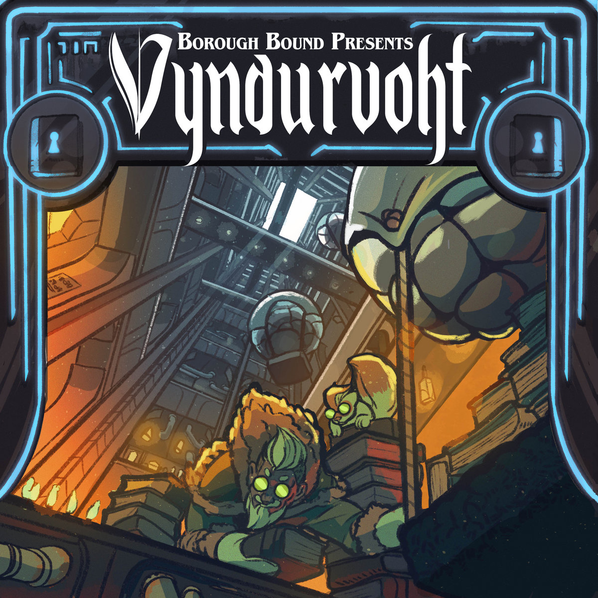Illustrated image of a fantasy elf character in a warehouse-esque setting. Stylized text at the top reads, Vyndurvoht