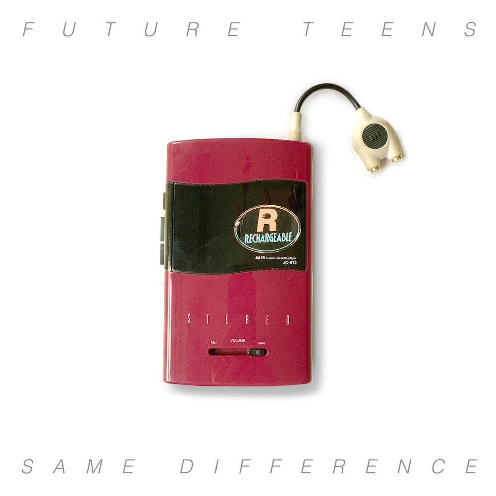 Large red-pink battery pack againt a white background. Text above and below the image reads "Future teens," "Same difference" respectively