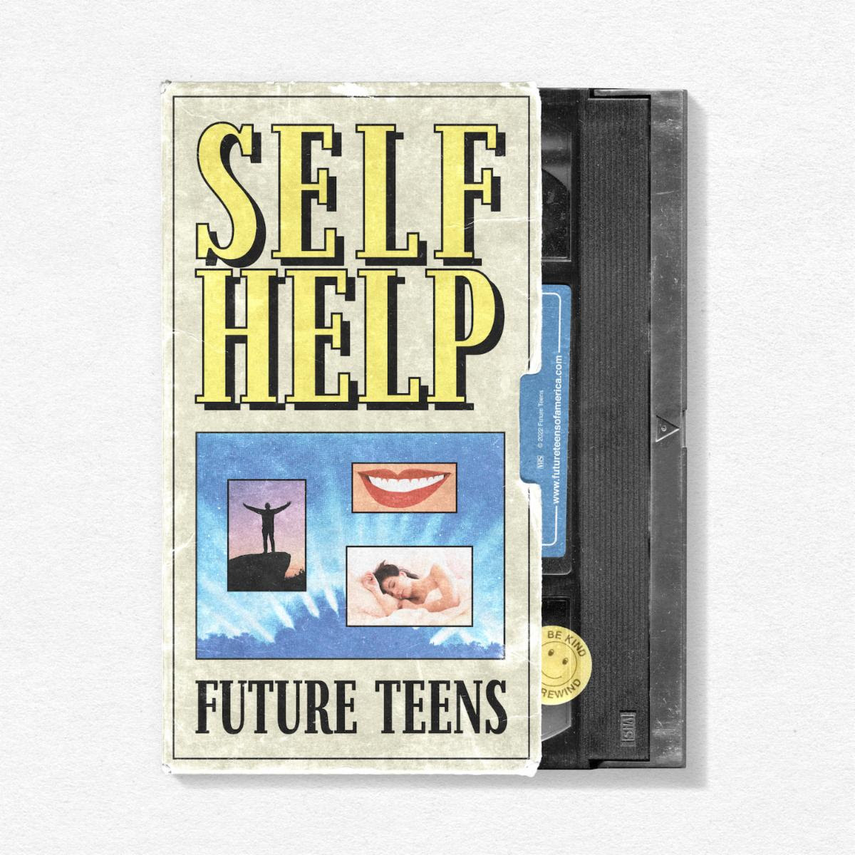 A partial view of an old VHS tape in a box with stylizzed, brightly colored text that says "Self Help, Future Teens" on the box